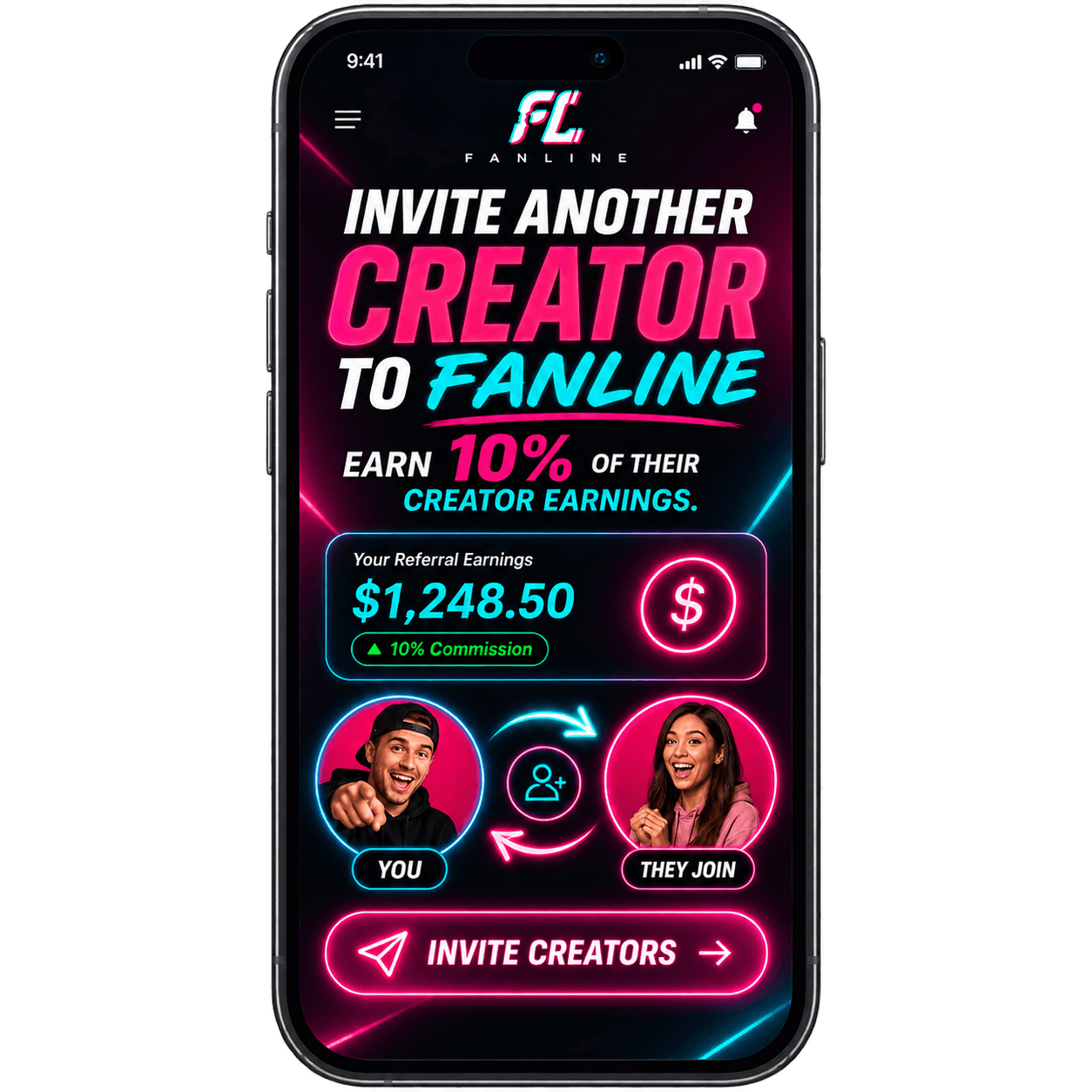 FanLine creator referral earnings screen